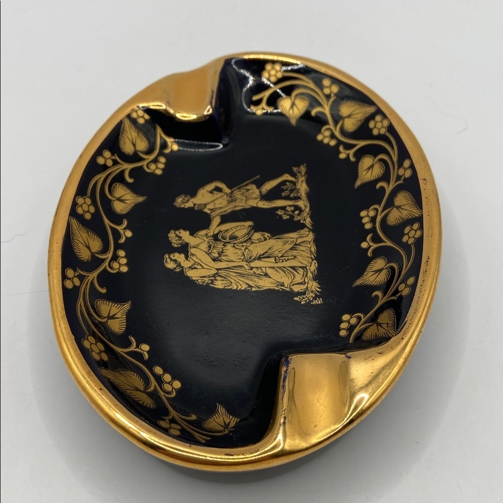 Vintage Handmade In Greece Neofitou Keramik Gloss Black Ashtray 24K Gold Trim - Picture 2 of 6